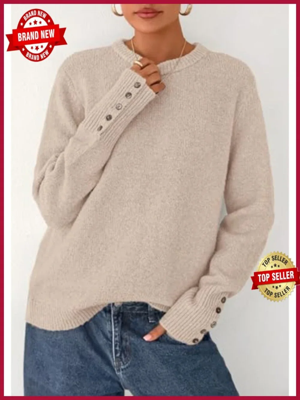 Women's Knit Pullover Sweater, Long Sleeve Crewneck with Button Cuffs, Relaxed